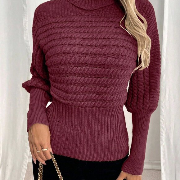 Burgundy Women's Casual Turtleneck Cable Knit Oversized Pullover Sweater - Picture 5 of 6